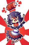  1girl black_hair boned_meat bow chibi daigada directional_arrow dress food horns kijin_seija long_hair meat multicolored_hair open_mouth redhead ribbon rising_sun smile solo streaked_hair touhou white_hair 