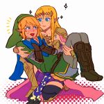  armor blonde_hair blue_eyes blush carrying earrings gloves hat jewelry link long_hair pointy_ears princess_carry princess_zelda scarf smile the_legend_of_zelda thigh-highs tiara you_gonna_get_raped zelda_musou 