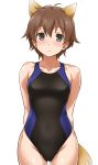  1girl animal_ears arms_behind_back bare_shoulders black_eyes blush brown_hair collarbone competition_swimsuit covered_navel highleg highleg_swimsuit katou_keiko one-piece_swimsuit short_hair solo strike_witches swimsuit tail thigh_gap youkan 
