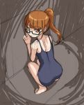  1girl against_wall ass brown_background brown_eyes brown_hair glasses long_hair looking_at_viewer minami_mirei ponytail puri_para rohitsuka school_swimsuit short_hair sketch smile solo squatting swimsuit 