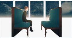  1boy campanella_(ginga_tetsudou_no_yoru) formal ginga_tetsudou_no_yoru necktie night night_sky red_eyes redhead short_hair sitting sky solo star_(sky) starry_sky suit train window 