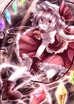  1girl ascot blonde_hair boots bride-hat_removed flandre_scarlet gloves glowing glowing_wings hat hat_ribbon laevatein miyakure mob_cap pink_eyes puffy_sleeves red_gloves revision ribbon shaded_face shirt short_sleeves side_ponytail skirt skirt_set solo touhou vest wings 