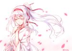  1girl alternate_hairstyle blush bust closed_eyes hairband hand_on_own_chest hiten_goane_ryu japanese_clothes kantai_collection long_hair petals ponytail shoukaku_(kantai_collection) solo twitter_username 