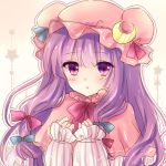  1girl :t crescent dress frilled_sleeves frills lilith_(lilithchan) long_hair long_sleeves mob_cap patchouli_knowledge purple_hair tied_hair touhou violet_eyes 