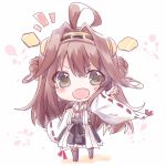  &gt;:d 1girl :d ahoge antennae blush_stickers brown_eyes brown_hair chibi fang hair_ornament kantai_collection kongou_(kantai_collection) long_sleeves nontraditional_miko open_mouth outstretched_hand ribbon-trimmed_sleeves ribbon_trim shirt skirt smile solo traditional_media watercolor_(medium) wide_sleeves yuya_(night_lily) 