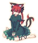  1girl ;d animal_ears barefoot braid cat_ears cat_tail dress frilled_dress frilled_sleeves frills gomi_(gomitin) kaenbyou_rin long_sleeves multiple_tails one_eye_closed open_mouth red_eyes redhead sitting smile tail touhou twin_braids wariza 