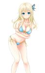  1girl absurdres bikini blonde_hair blue_eyes blush boku_wa_tomodachi_ga_sukunai breasts butterfly_hair_ornament hair_ornament highres kashiwazaki_sena long_hair looking_at_viewer side-tie_bikini simple_background smile solo swimsuit white_background 