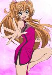  1girl blue_eyes china_dress chinese_clothes houjou_hibiki long_hair looking_at_viewer manji_(tenketsu) open_mouth orange_hair pink_background precure sketch solo standing_on_one_leg suite_precure 