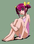  1girl barefoot bow green_background hair_bow hoshizora_miyuki looking_at_viewer lowres one-piece_swimsuit pink_eyes pink_hair pink_swimsuit precure rohitsuka short_hair sitting smile smile_precure! solo swimsuit 