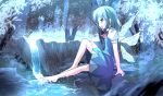  1girl :d arm_support bare_legs barefoot blue_eyes blue_hair bow cirno feet_in_water hair_bow hair_ribbon highres open_mouth ribbon risutaru short_hair sitting smile soaking_feet solo summer tagme touhou water waterfall wings 