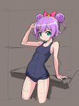  1girl bow brown_background double_bun green_eyes hair_bow looking_at_viewer manaka_lala puri_para purple_hair rohitsuka school_swimsuit short_hair sketch smile solo swimsuit 