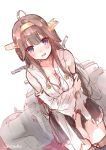  1girl :d ahoge blush breasts brown_hair cleavage covering covering_crotch detached_sleeves dutch_angle headgear hiten_goane_ryu holding_arm kantai_collection kongou_(kantai_collection) long_hair looking_at_viewer machinery nontraditional_miko open_mouth sketch skirt smile solo thigh-highs torn_clothes twitter_username violet_eyes white_background 