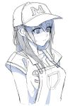  1girl bangs baseball_cap blush breasts bust hat highres long_hair monochrome original overalls short_sleeves simple_background sketch solo takeuchi_aya white_background 
