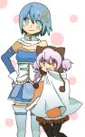  2girls :d armband blue_eyes blue_hair cape child gloves hair_ornament hairclip hat height_difference highres magical_girl mahou_shoujo_madoka_magica mahou_shoujo_madoka_magica_movie miki_sayaka momoe_nagisa multiple_girls open_mouth pantyhose short_hair silphy112 smile thigh-highs two_side_up white_hair yellow_eyes zettai_ryouiki 