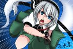  1girl attack blue_eyes d:&lt; emphasis_lines hairband katana konpaku_youmu konpaku_youmu_(ghost) puffy_short_sleeves puffy_sleeves short_hair short_sleeves silver_hair skirt suikyou_(aqua_cities) sword touhou weapon 