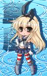  1girl anchor_hair_ornament black_eyes blonde_hair chibi chino_(ch_no) elbow_gloves gloves hairband hand_on_hip highres kantai_collection long_hair looking_at_viewer navel pleated_skirt school_uniform serafuku shimakaze_(kantai_collection) skirt solo striped striped_legwear tagme thigh-highs white_gloves zettai_ryouiki 