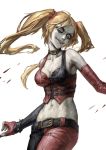  1girl batman:_arkham_city batman_(series) belt blonde_hair blue_eyes breasts collar dc_comics elbow_gloves fingerless_gloves gloves harley_quinn long_hair looking_at_viewer midriff navel parted_lips smile solo twintails white_background yinanhuanle 