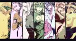  1girl 6+boys bruno_bucciarati column_lineup giorno_giovanna guido_mista jojo_no_kimyou_na_bouken joka_(night_gate) leone_abbachio multiple_boys multiple_monochrome narancia_ghirga pannacotta_fugo trish_una 