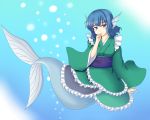  1girl blue_eyes blue_hair frilled_kimono gomi_(gomitin) head_fins japanese_clothes kimono long_sleeves mermaid monster_girl obi sash short_hair touhou wakasagihime wide_sleeves 
