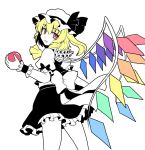  1girl :d apple ascot blonde_hair flandre_scarlet food frilled_skirt frills fruit gomi_(gomitin) looking_at_viewer looking_back mob_cap open_mouth puffy_short_sleeves puffy_sleeves red_eyes short_hair short_sleeves side_ponytail skirt smile touhou vest wings 