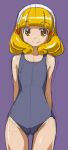  1girl blonde_hair hairband kise_yayoi looking_at_viewer one-piece_swimsuit precure purple_background rohitsuka short_hair sketch smile smile_precure! solo swimsuit yellow_eyes 