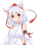  1girl ahoge animal_ears bare_shoulders blush breasts detached_sleeves hat highres inubashiri_momiji looking_at_viewer pom_pom_(clothes) red_eyes sarashi short_hair silver_hair solo tokin_hat touhou wolf_ears yukina_(masyumaro610) 