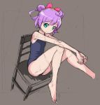  1girl bow brown_background chair double_bun green_eyes hair_bow looking_at_viewer manaka_lala puri_para purple_hair rohitsuka school_swimsuit short_hair sitting sketch smile solo swimsuit 