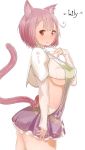  1girl animal_ears blush breasts capelet cat_ears cat_tail highres original pink_hair red_eyes short_hair skirt smile solo tail under_boob yaman_(yamanta_lov) 