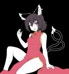  1girl :d alternate_costume animal_ears brown_hair cat_ears cat_tail chen china_dress chinese_clothes earrings gomi_(gomitin) jewelry multiple_tails no_hat open_mouth red_eyes short_hair sitting smile tail touhou 
