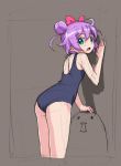  1girl against_wall ass bow brown_background double_bun green_eyes hair_bow looking_at_viewer manaka_lala open_mouth puri_para purple_hair rohitsuka school_swimsuit short_hair sketch solo swimsuit 