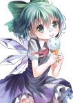  1girl :q aqua_eyes aqua_hair bow cirno food food_on_face hair_bow hair_ribbon holding ice_cream ice_cream_cone ice_cream_on_face looking_at_viewer opopowa ribbon short_hair simple_background smile solo tagme tongue tongue_out touhou white_background wings 