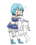  1girl armband blue_hair cape chibi fang geso_(son-son-son912) gloves hair_ornament hairclip holding kyubey magical_girl mahou_shoujo_madoka_magica mahou_shoujo_madoka_magica_movie miki_sayaka short_hair simple_background slit_pupils thigh-highs white_background zettai_ryouiki 