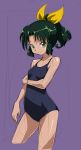  1girl green_eyes green_hair looking_at_viewer midorikawa_nao one-piece_swimsuit ponytail precure purple_background rohitsuka short_hair sketch smile smile_precure! solo swimsuit 
