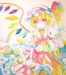  1girl ascot blonde_hair bow flandre_scarlet hat hat_bow highres red_eyes sash side_ponytail solo stuffed_animal stuffed_bunny stuffed_toy touhou traditional_media wadani_hitonori watercolor_(medium) wings 