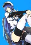  akame_ga_kill! blue_hair boots breasts cleavage esdeath hat highres long_hair looking_at_viewer sitting smile thigh-highs thigh_boots very_long_hair 