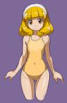  1girl blonde_hair hairband kise_yayoi looking_at_viewer one-piece_swimsuit precure purple_background rohitsuka short_hair sketch smile smile_precure! solo swimsuit yellow_eyes yellow_swimsuit 
