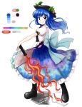  1girl black_boots blue_bow blue_eyes blue_hair blush boots bow color_guide dress fire food frilled_dress frills fruit full_body hat hinanawi_tenshi huyusilver leaf long_hair looking_at_viewer multicolored_eyes oota_jun&#039;ya_(style) parody peach pink_eyes puffy_short_sleeves puffy_sleeves rock short_sleeves simple_background smile solo style_parody sword sword_of_hisou touhou weapon white_background 