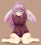  1girl ahoge alternate_costume angel angel_wings archangel_metatron_(p&amp;d) bare_legs barefoot between_legs blue_eyes blush bottomless breasts feathered_wings full_body impossible_clothes impossible_sweater large_breasts long_hair long_sleeves noako_(por1212) open_mouth pink_hair ponytail puzzle_&amp;_dragons ribbed_sweater sitting solo sweatdrop sweater v_arms wariza wavy_hair wings 