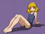  1girl barefoot blonde_hair hairband kise_yayoi looking_at_viewer one-piece_swimsuit precure purple_background rohitsuka short_hair sitting sketch smile_precure! solo swimsuit yellow_eyes 