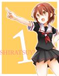  &gt;:d 1girl :d black_skirt brown_eyes brown_hair character_name hairband hand_on_hip kantai_collection neckerchief open_mouth pleated_skirt pointing sailor_collar school_uniform serafuku shimoku_reyu shiratsuyu_(kantai_collection) short_hair skirt smile solo 