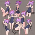  1girl against_wall ass bow brown_background chair double_bun double_v green_eyes hair_bow looking_at_viewer manaka_lala one_eye_closed open_mouth puri_para purple_hair rohitsuka school_swimsuit short_hair sitting sketch smile solo swimsuit v 