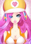  blue_eyes breasts bubble_blowing bubblegum cleavage hat headphones heart heart-shaped_pupils karousel-k league_of_legends lips long_hair miss_fortune pink_hair sarah_fortune symbol-shaped_pupils 