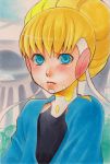  1girl adelie_(space_dandy) blonde_hair blue_eyes blush hair_bun highres looking_at_viewer marker_(medium) pout seef solo space_dandy traditional_media 