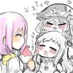  3girls angry blush chibi closed_eyes feeding female_admiral_(kantai_collection) jealous kantai_collection long_hair lowres multiple_girls northern_ocean_hime open_mouth pink_hair pue_(bunbunbun88888) shaved_ice shinkaisei-kan spoon translated turret white_hair wo-class_aircraft_carrier 