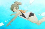  1girl bare_shoulders blush brown_eyes brown_hair i-401_(kantai_collection) kantai_collection looking_at_viewer meeko one-piece_swimsuit open_mouth ponytail sailor_collar school_swimsuit school_uniform short_hair short_ponytail smile solo swimsuit tan underwater 