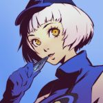  1girl card elizabeth_(persona) gloves hat ilya_kuvshinov looking_at_viewer parted_lips persona persona_3 short_hair silver_hair sleeveless smile solo yellow_eyes 