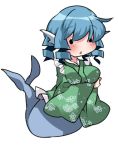  1girl blue_hair chibi hammer_(sunset_beach) head_fins japanese_clothes lowres mermaid monster_girl short_hair solo touhou wakasagihime 