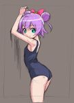  1girl against_wall ass bow brown_background double_bun green_eyes hair_bow looking_at_viewer manaka_lala puri_para purple_hair rohitsuka school_swimsuit short_hair smile solo swimsuit 