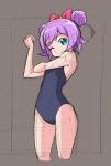  1girl bow brown_background double_bun green_eyes hair_bow looking_at_viewer manaka_lala one_eye_closed puri_para purple_hair rohitsuka school_swimsuit short_hair sketch smile solo swimsuit 