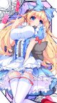  1girl blonde_hair blue_eyes bow breasts card dress hair_bow highres impossible_clothes impossible_dress juliet_sleeves large_breasts long_hair long_sleeves minamon_(vittel221) original puffy_sleeves solo thigh-highs very_long_hair white_legwear zettai_ryouiki 